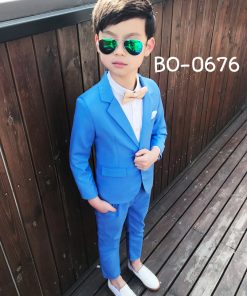 BO0676 ชุดสูทเด็กผู้ชายออกงาน เสื้อคลุมสูทแขนยาว และกางเกงขายาว สีน้ำเงิน (2ชิ้น)