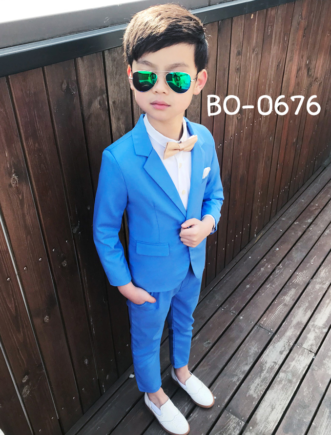 BO0676 ชุดสูทเด็กผู้ชายออกงาน เสื้อคลุมสูทแขนยาว และกางเกงขายาว สีน้ำเงิน (2ชิ้น)