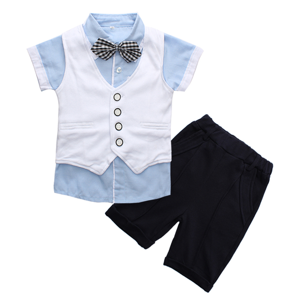 BO0014 ชุดออกงานเด็กผู้ชาย เสื้อเชิ๊ตแขนสั้นสีฟ้า หูกระต่าย กั๊กสีขาว กางเกงสีดำ (4ชิ้น)
